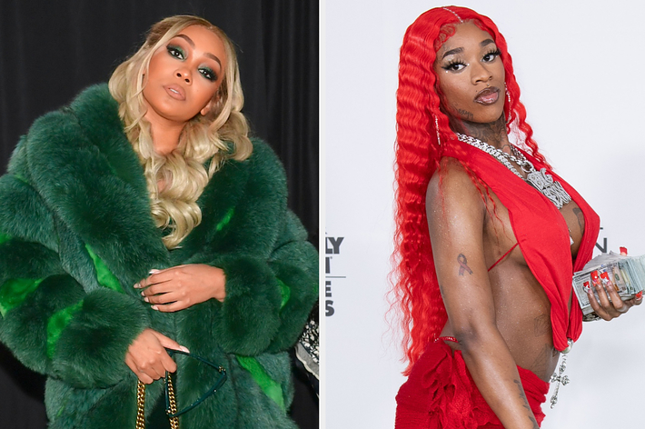 Doja Cat in a green fur coat and Megan Thee Stallion in a red jeweled outfit on separate occasions