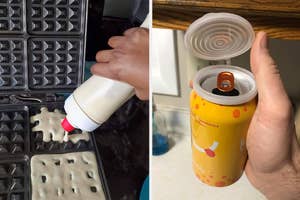 on the left a person pouring batter into waffle maker from a dispenser and mixer bottle, on the right a can cover