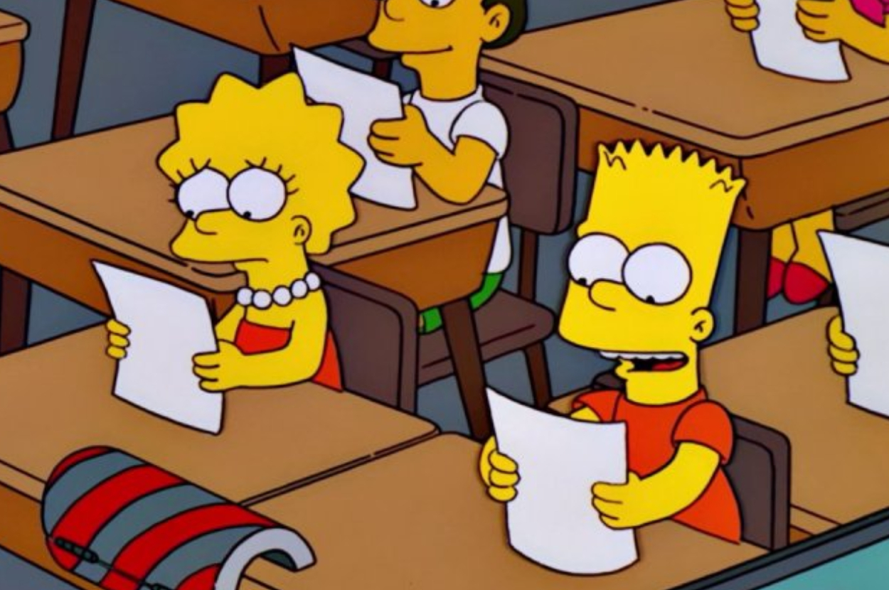Cartoon characters Bart and Lisa Simpson in a classroom holding papers