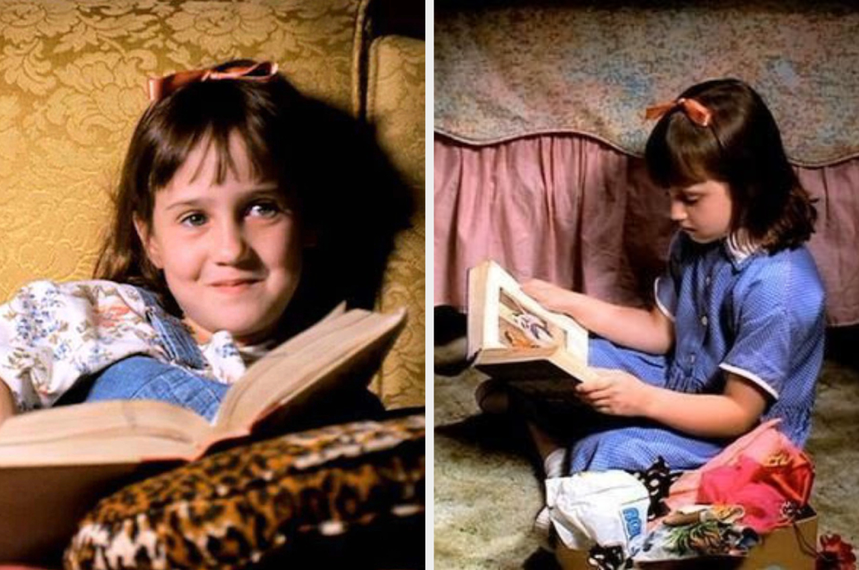 Matilda, a character from Roald Dahl's story, shown smiling with a book and reading on the floor