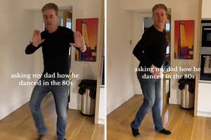 父が80年代のダンスをする様子を示す画像。