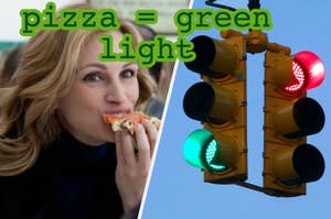 Julia Roberts eating pizza with text "pizza = green light" next to an image of a traffic light showing red and green signals