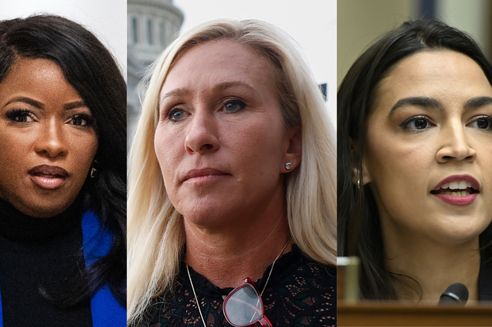 Erika Harold, Marjorie Taylor Greene, and Alexandria Ocasio-Cortez are pictured in a split image