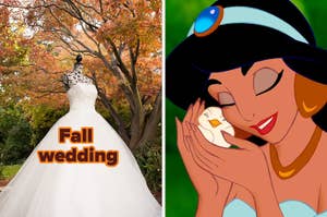 A wedding dress on display outdoors with fall foliage. On the right, Princess Jasmine from Aladdin holds and gazes at a white bird. Text: "Fall wedding."
