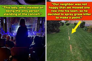 Two side-by-side photos: Left, a person stands at a seated concert. Right, lawn with a mowed stripe leading to a house