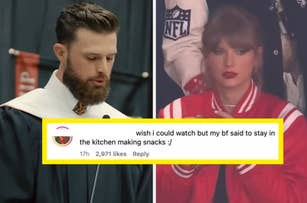 Left: Blake Doyle giving a speech at a podium. Right: Taylor Swift watching a game. Inset text reads: "wish i could watch but my bf said to stay in the kitchen making snacks :/"