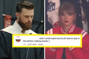 Left: Blake Doyle giving a speech at a podium. Right: Taylor Swift watching a game. Inset text reads: "wish i could watch but my bf said to stay in the kitchen making snacks :/"
