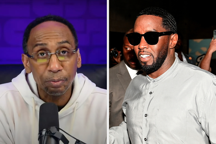 Stephen A. Smith is speaking into a microphone, while Sean "Diddy" Combs is wearing sunglasses and a stylish shirt at an event