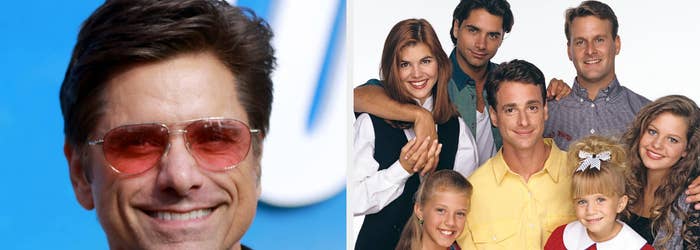 John Stamos wearing sunglasses and a blazer vs the cast of Full House including Lori Loughlin, Bob Saget, John Stamos, Dave Coulier, Jodie Sweetin, Mary Kate Olsen, Ashley Olsen, and Candace Cameron Bure