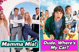 Split image of Mamma Mia and Dude, Where's My Car movie casts posing for promotional photos