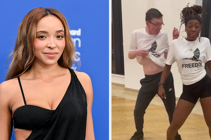 Left: Tinashe on the red carpet in an elegant black, one-shoulder dress. Right: A man and woman dancing indoors, wearing "FREEDOM" branded outfits