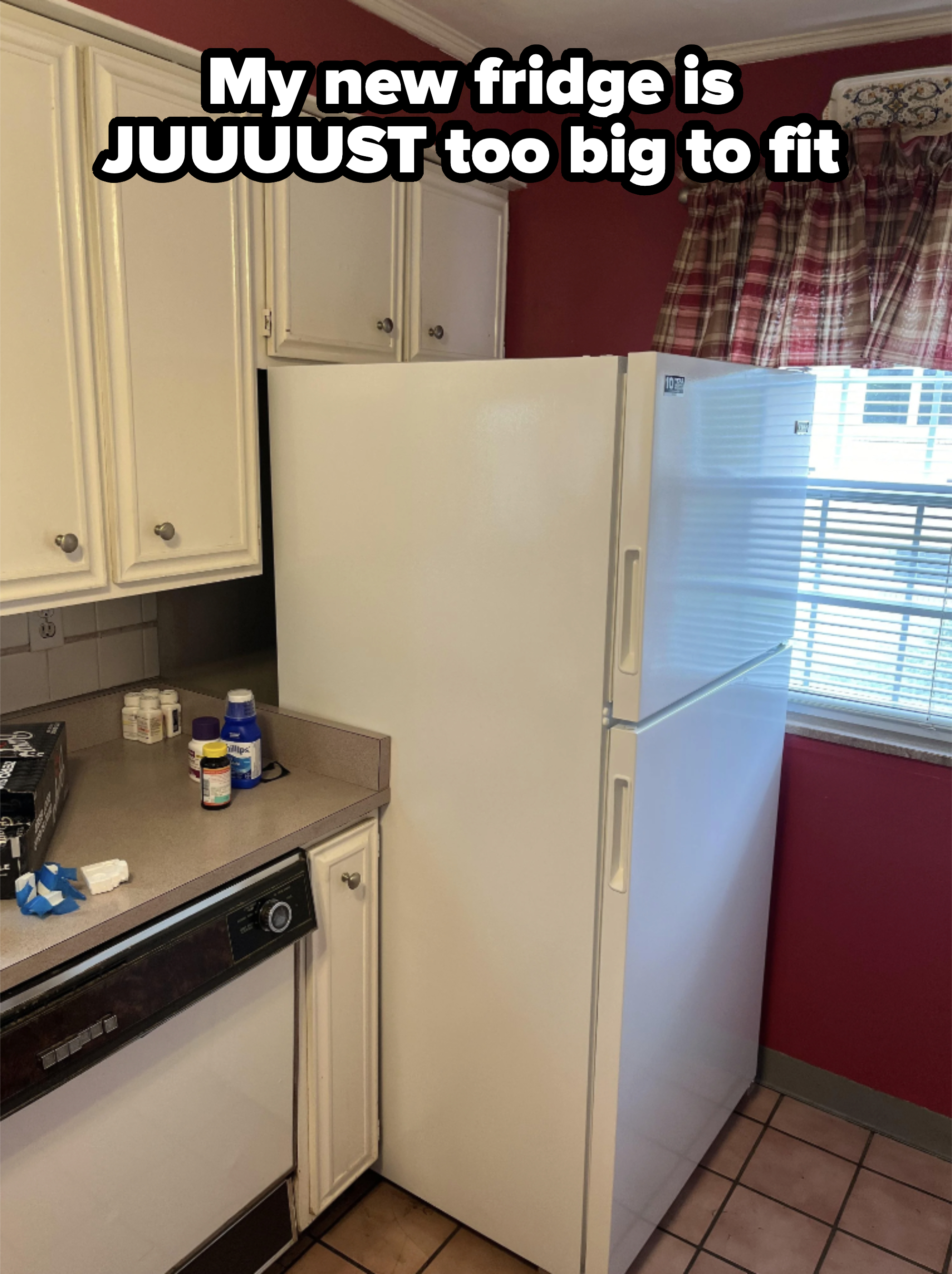 A white refrigerator in a kitchen is next to a countertop with cleaning supplies and a dishwasher below. Windows with plaid curtains are in the background