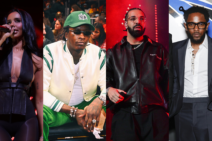 Mariah The Scientist performs on stage, Young Thug in a white jacket and green pants, Drake in a black outfit, and Kendrick Lamar in a suit at music event