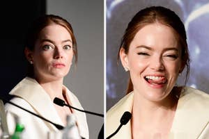 Emma Stone looks surprised vs Emma Stone playfully sticking her tongue out while speaking at a press event