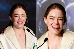Emma Stone laughing vs Emma Stone playfully sticking her tongue out while speaking at a press event
