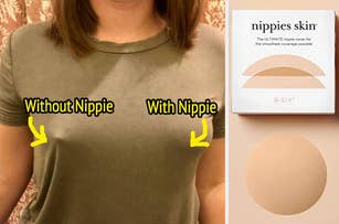 reviewer demonstrating nipple covers through t-shirt and photo of nipple cover with box