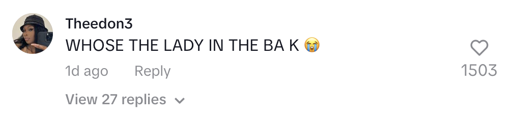 Comment from Theedon3: &quot;WHOSE THE LADY IN THE BA K&quot; with a crying emoji, posted 1 day ago, has 1503 likes and 27 replies