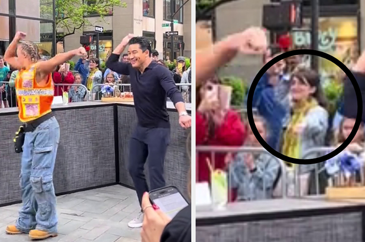 Mario Lopez and Ally Love dancing on an outdoor stage, audience member Sarah Haines circled in the background, smiling and clapping