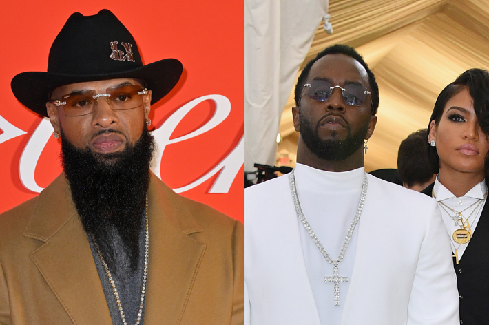 Slim Thug in a hat and coat, standing alone; Sean Combs and Cassie dressed in formal attire at an event