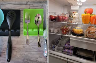 Assorted kitchen utensils on the left; organized fridge with various food items on the right