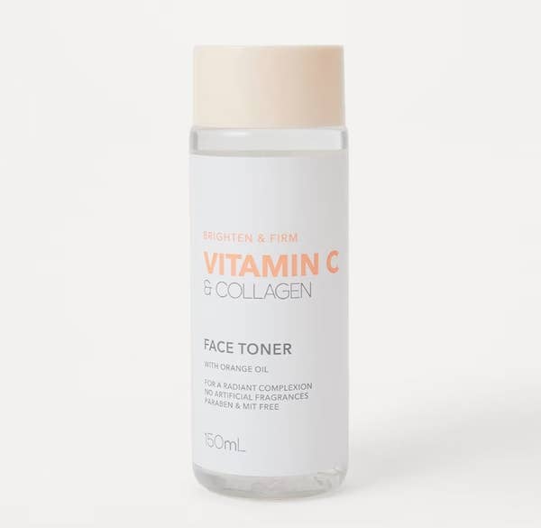 Bottle of Vitamin C and Collagen Face Toner labeled &quot;Brighten &amp;amp; Firm&quot; with orange oil, for a radiant complexion, paraben and MIT free, 150 mL