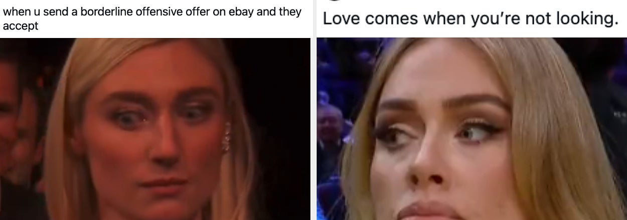 Woman looking shocked vs Adele looking around a stadium at a sporting event