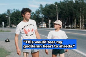 Terry Fox and a young boy stand on a roadside during Fox's Marathon of Hope. Text overlay: "This would tear my goddamn heart to shreds."