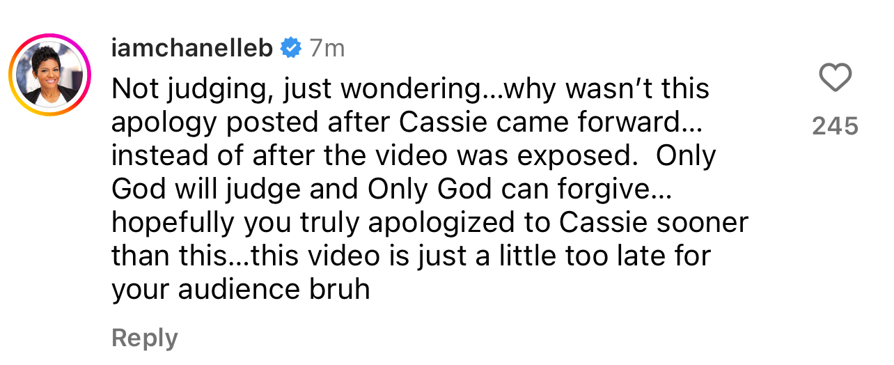 Instagram comment by iamchanelleb questioning the timing of an apology related to Cassie, commenting that it was posted only after a video was exposed