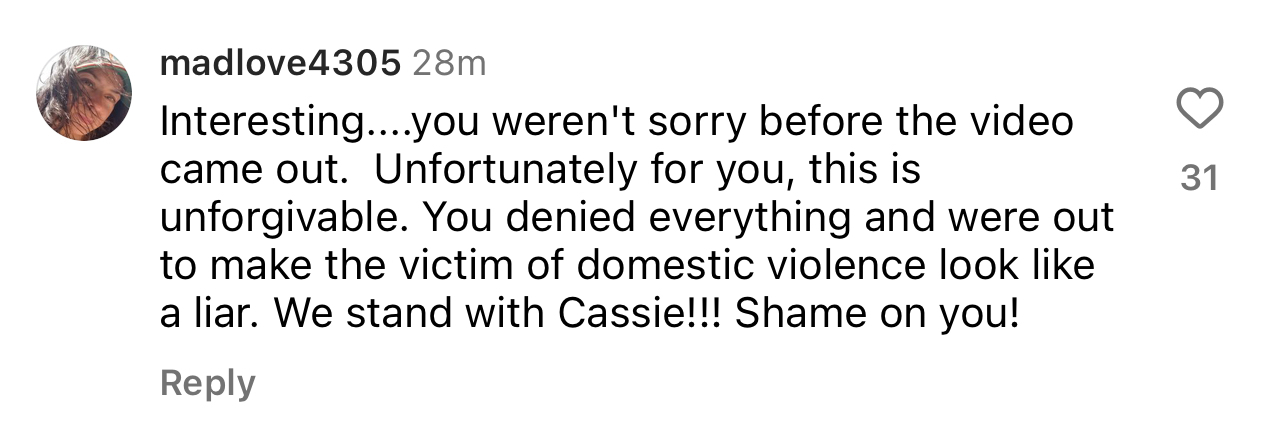 Comment by madlove4305 expressing anger and frustration, supporting Cassie and accusing an unnamed individual of lying and being unforgivable regarding a domestic violence case