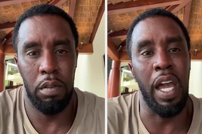 Sean "Diddy" Combs speaks directly to the camera in two side-by-side images. He appears serious and is wearing a simple t-shirt