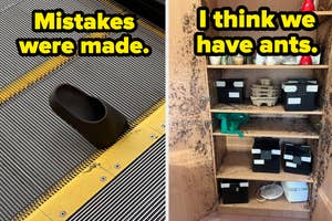 Left panel: A clog is stuck in an escalator with the text "Mistakes were made."

Right panel: A shelf filled with boxes and household items is covered with ants, captioned "I think we have ants."