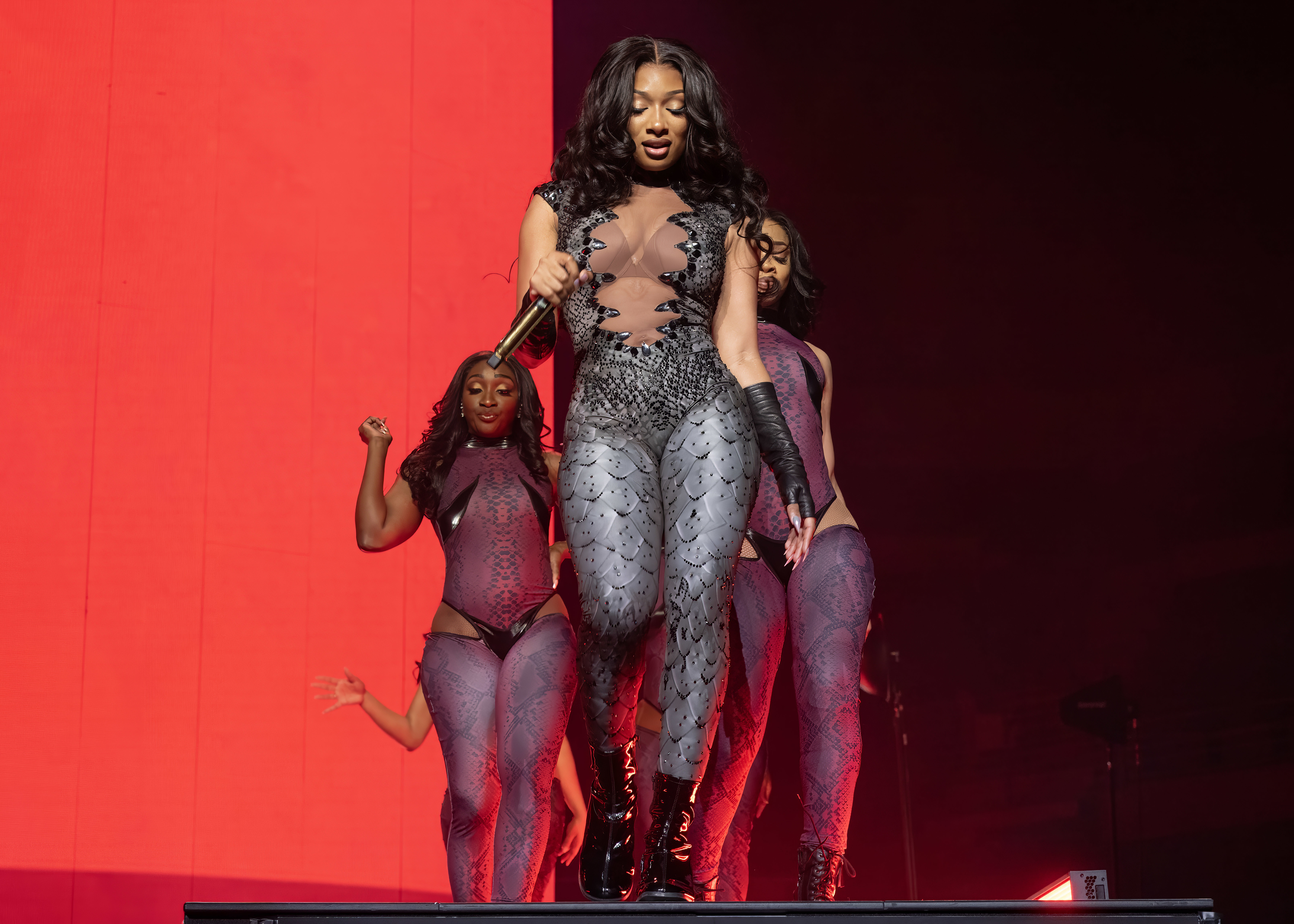 Megan Thee Stallion performs on stage in a sheer, form-fitting outfit with intricate patterns, accompanied by three backup dancers in similar outfits