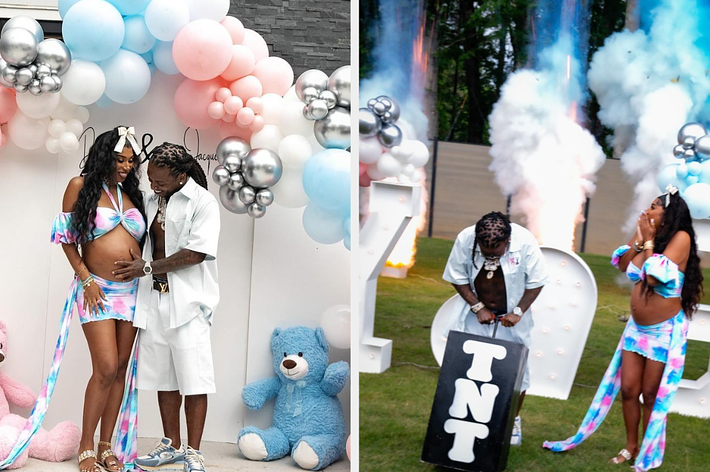 Jacquees and Deiondra Sanders pose at a baby shower with balloon decorations and teddy bears. In a second scene, they reveal the baby’s gender with colored smoke