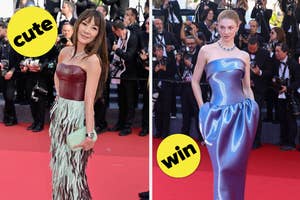 Michelle Yeoh poses on the red carpet vs Hunter Schafer poses on the red carpet