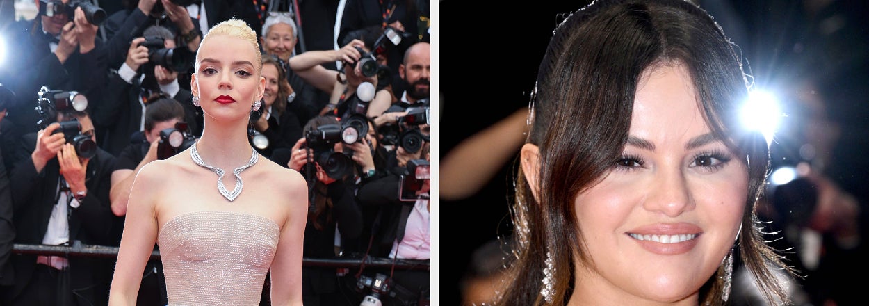 Anya Taylor Joy poses on the red carpet vs a closeup of Selena Gomez