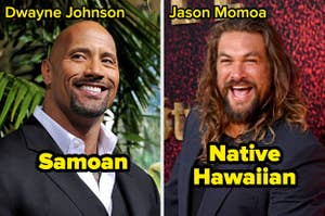 Dwayne Johnson and Jason Momoa smiling at events, overlaid text labels their heritage as Samoan and Native Hawaiian