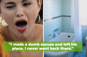 Selena Gomez with a surprised expression next to a quote on cleanliness and an empty bathtub