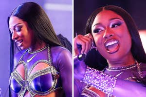 Megan Thee Stallion performs on stage vs Megan Thee Stallion appears to adjust her earpiece during a concert