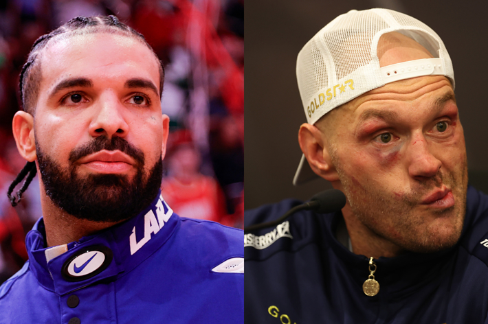 Drake and Tyson Fury in side-by-side images. Drake has a beard and braided hair, wearing a jacket with "LAV" on the collar. Tyson is in a cap, showing a bruised face