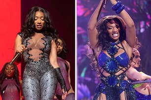 Megan Thee Stallion holding a microphone onstage vs Megan Thee Stallion performing in a sparkly strappy outfit