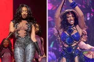 Megan Thee Stallion holding a microphone onstage vs Megan Thee Stallion performing in a sparkly strappy outfit