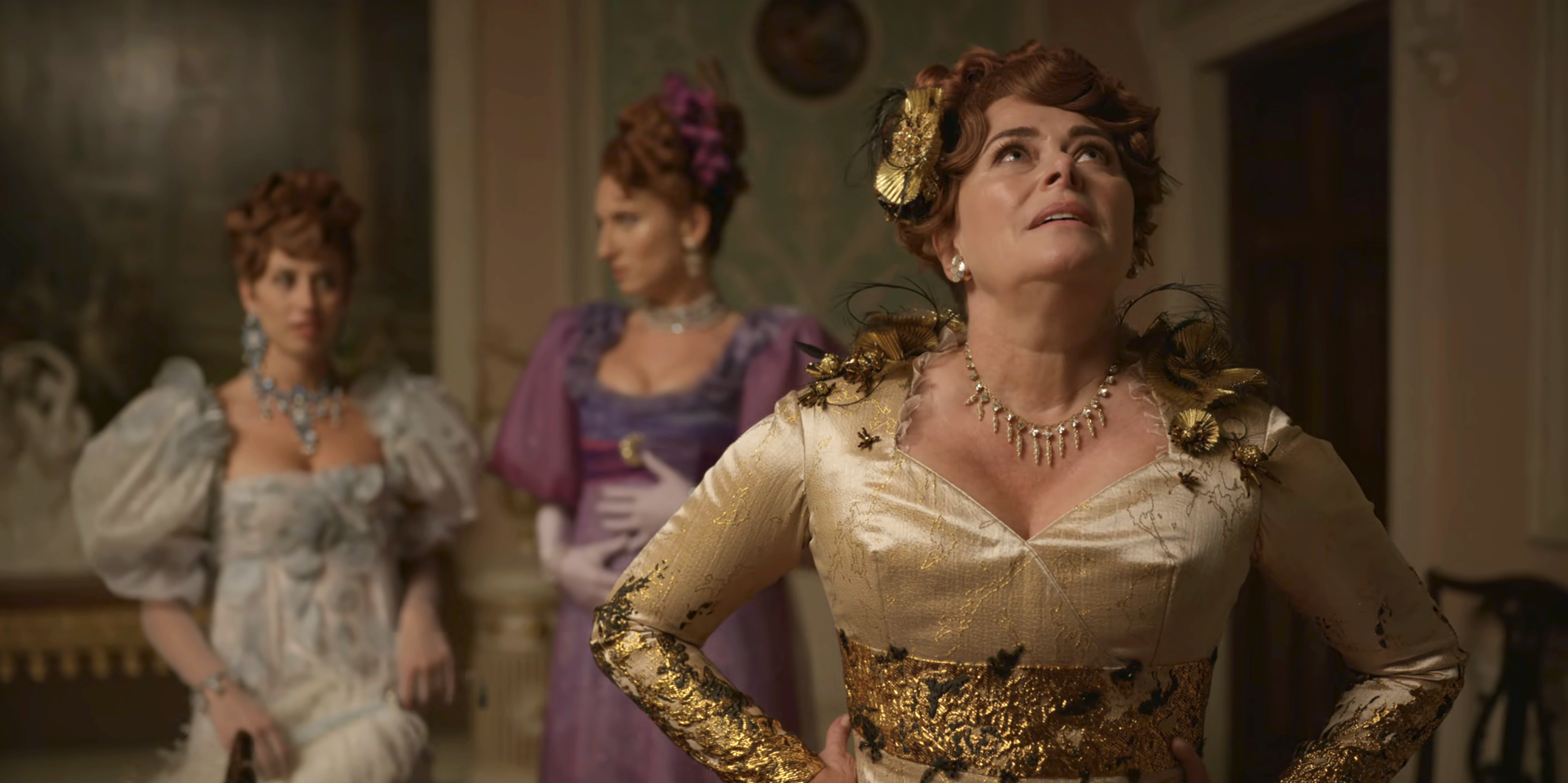Harriet Cains, Bessie Carter, and Polly Walker as the Featheringtons in Bridgerton