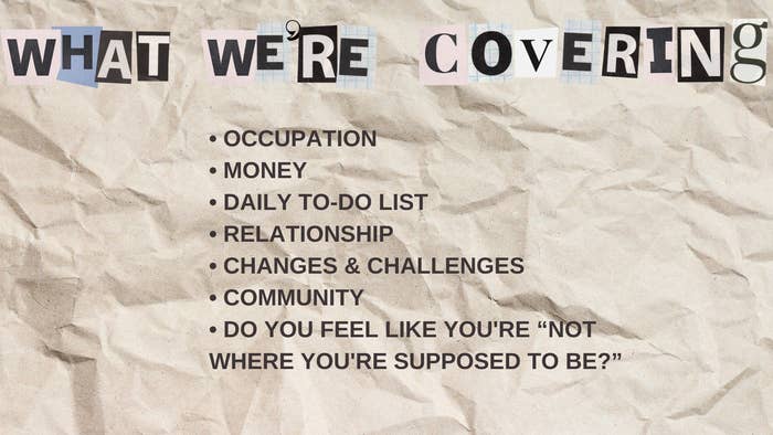 Text on crumpled paper reads: &quot;WHAT WE'RE COVERING: Occupation, Money, Daily To-Do List, Relationship, Changes &amp;amp; Challenges, Community, Do you feel like you're 'not where you're supposed to be?'&quot;