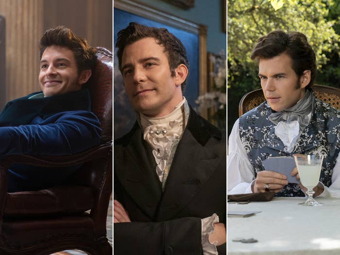 Three images of Jonathan Bailey, Luke Thompson, and Luke Newton in period costumes from Bridgerton, each in a different setting