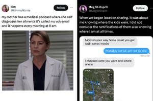 Two-panel meme with texts; left shows Meredith Grey from Grey's Anatomy, right displays a humorous text exchange with a location map
