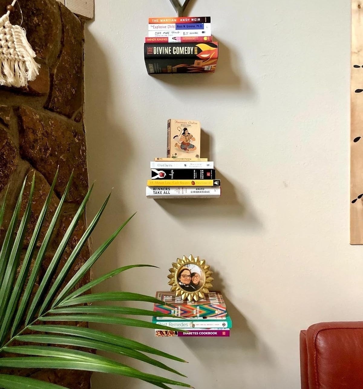 Wall-mounted shelves with a variety of books, next to a green potted plant and part of a red chair