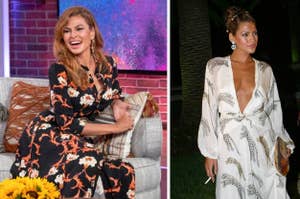 Two images of Eva Mendes, left in a floral dress seated on a couch, right in an elegant gown at an event