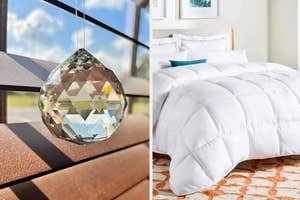 Crystal sun catcher hanging by a window; a white down comforter set on a bed with teal and orange accents