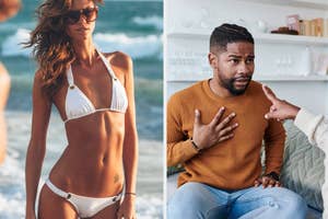 A split image; left shows a person in a white bikini by the sea, and right displays two people engaged in a serious conversation indoors