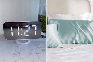 Digital clock displaying 11:27 on the left; silk pillowcases and bedding on the right, suggesting luxurious home goods